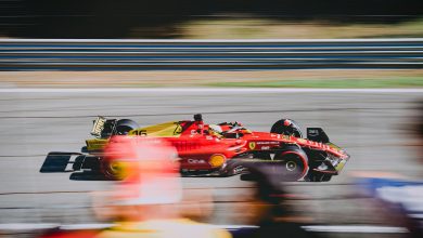 Blurred Motion of the Scuderia Ferrari Race Car Driven by Charles Leclerc with a Special Livery for the 2022 Monza Grand Prix